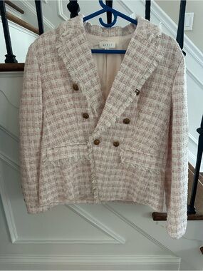 MARBLE Blush Pink Tweed Double-Breasted Fringed Blazer